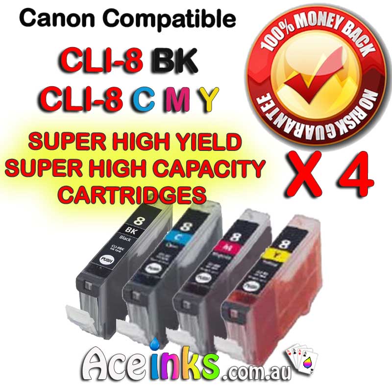 4 Combo Compatible Canon CLI-8BK / CLI-8 C/M/Y With Chip